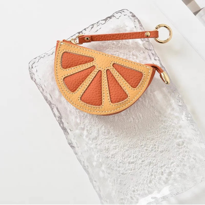 Citrus Slice Leather Mini Pouch – Handcrafted Orange Wedge Coin Purse and Bag Charm | Full-Grain Cowhide | Small Card Holder & Accessory Pouch | Unique Gift Idea