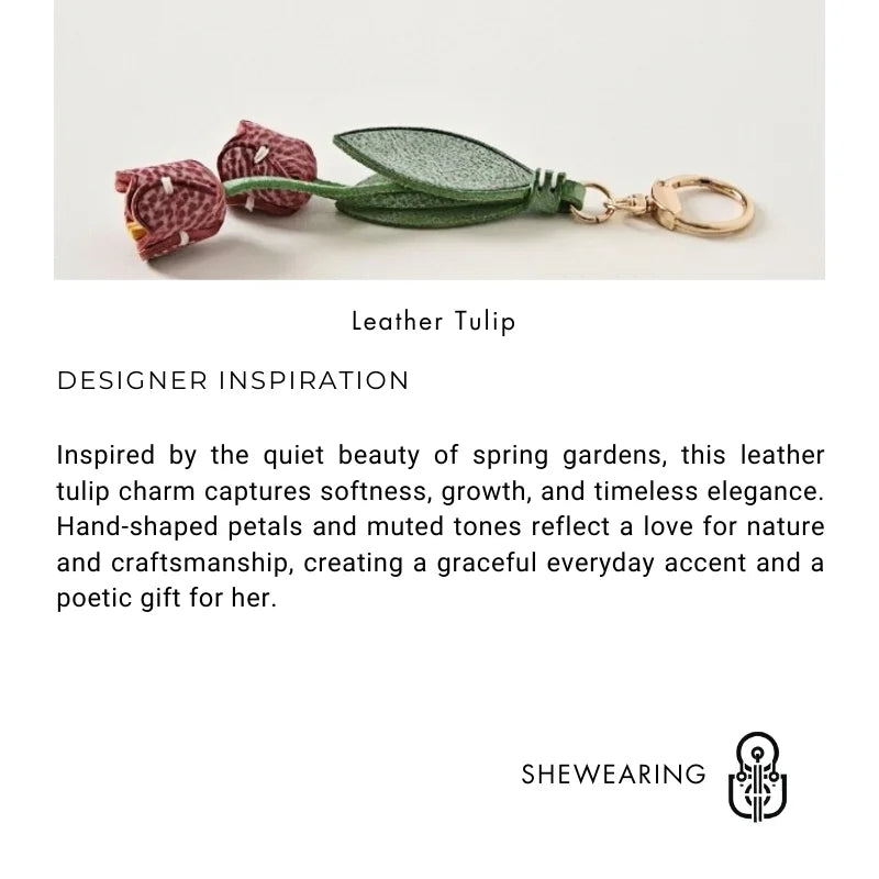 Dije de tulipán para bolso de cuero artesanal – Llavero con colgante floral de piel de vaca encerada | Accesorio floral cosido a mano para bolsos | Elegante regalo botánico para ella