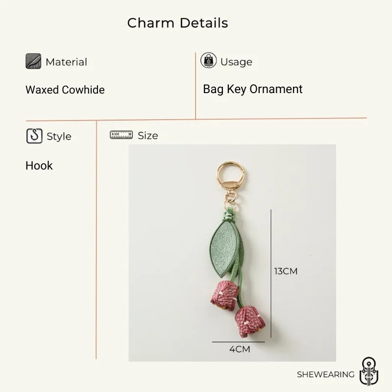 Dije de tulipán para bolso de cuero artesanal – Llavero con colgante floral de piel de vaca encerada | Accesorio floral cosido a mano para bolsos | Elegante regalo botánico para ella
