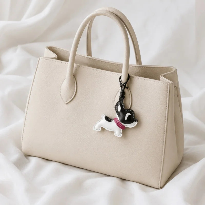 Llavero de cuero de bulldog francés hecho a mano – Llavero de perro de piel de cordero suave | Bonito colgante de bolso de cachorro blanco y negro | Regalo artesanal accesorio para bolso para mujer