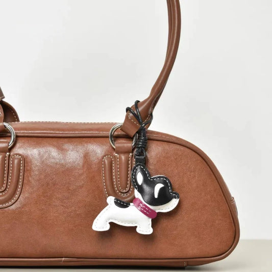 Handmade French Bulldog Leather Bag Charm – Soft Lambskin Dog Keychain | Cute Black & White Puppy Purse Charm | Handcrafted Handbag Accessory Gift for Her