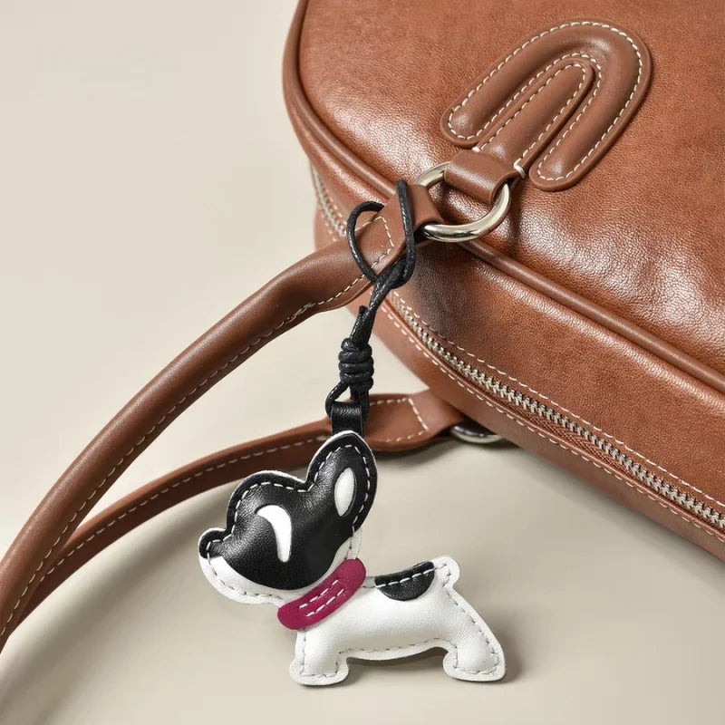 Handmade French Bulldog Leather Bag Charm – Soft Lambskin Dog Keychain | Cute Black & White Puppy Purse Charm | Handcrafted Handbag Accessory Gift for Her