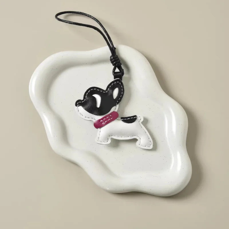 Handmade French Bulldog Leather Bag Charm – Soft Lambskin Dog Keychain | Cute Black & White Puppy Purse Charm | Handcrafted Handbag Accessory Gift for Her