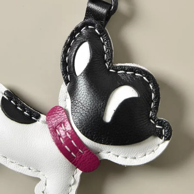 Handmade French Bulldog Leather Bag Charm – Soft Lambskin Dog Keychain | Cute Black & White Puppy Purse Charm | Handcrafted Handbag Accessory Gift for Her