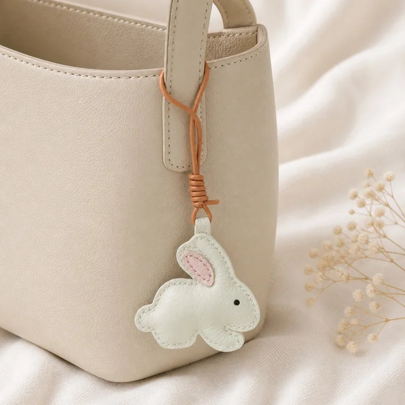 Llavero Minimalista de Conejo de Piel – Hecho a Mano con Piel de Cabra de Grano Completo | Accesorio Suave y Neutro para Bolso | Regalo Diario para Ella