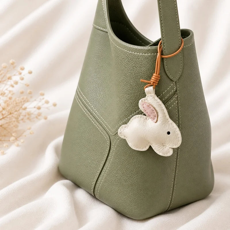 Llavero Minimalista de Conejo de Piel – Hecho a Mano con Piel de Cabra de Grano Completo | Accesorio Suave y Neutro para Bolso | Regalo Diario para Ella