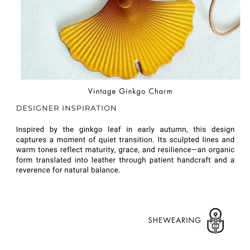 Vintage Ginkgo Leaf Leather Bag Charm – Handcrafted Full-Grain Leather Pendant | Autumn-Inspired Handbag & Backpack Accessory | Elegant Gift for Her