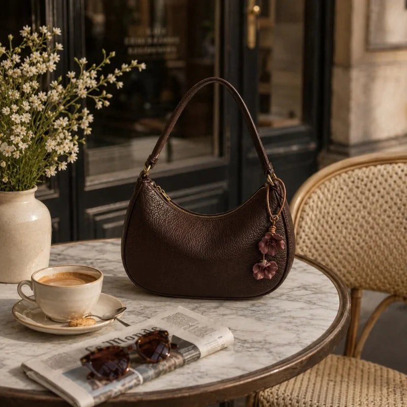 Dije para bolso de piel con flor lila – Colgante floral artesanal de piel de cordero plena flor | Accesorio artístico para llavero | Regalo elegante para ella