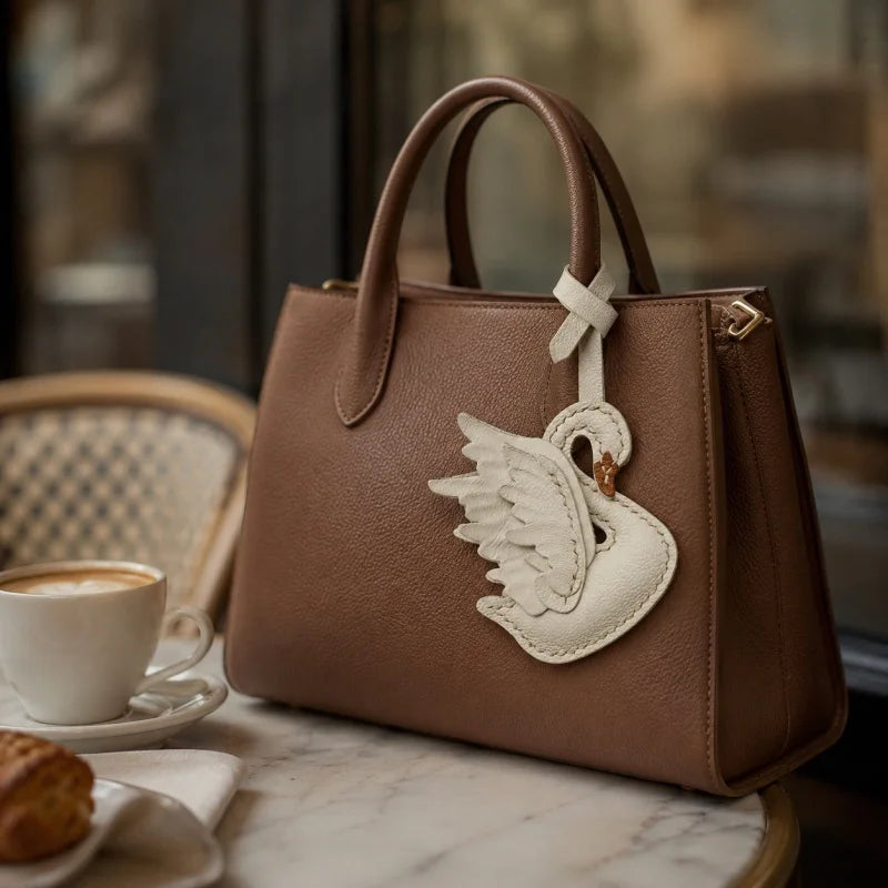 Elegant Black and White Swan Bag Charm – Original Design, Premium Leather, Handcrafted Accessory, Keychain for Women, Ideal for Unique Gifts