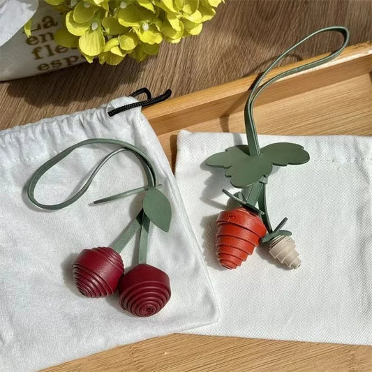 Cherry Leather Bag Charm – Handmade Full-Grain Cowhide Pendant | Unique Double-Fruit Keychain | Elegant Handbag Decoration & Gift Accessory
