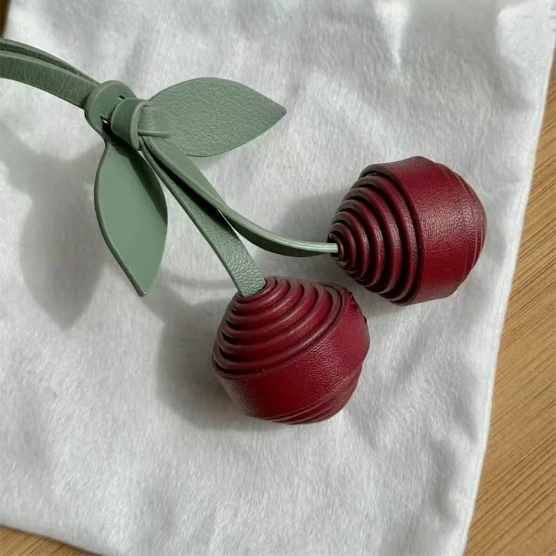 Cherry Leather Bag Charm – Handmade Full-Grain Cowhide Pendant | Unique Double-Fruit Keychain | Elegant Handbag Decoration & Gift Accessory
