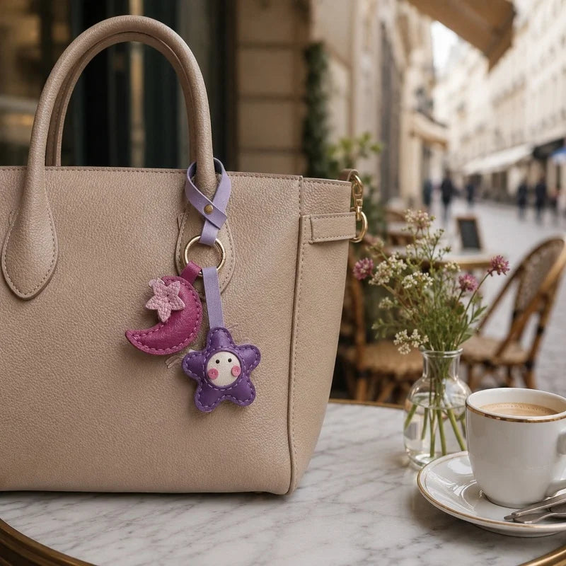 Dije de cuero de luna y estrella – Llavero de grano completo hecho a mano | Bonito accesorio para el coche o el bolso | Diseño celestial cosido a mano
