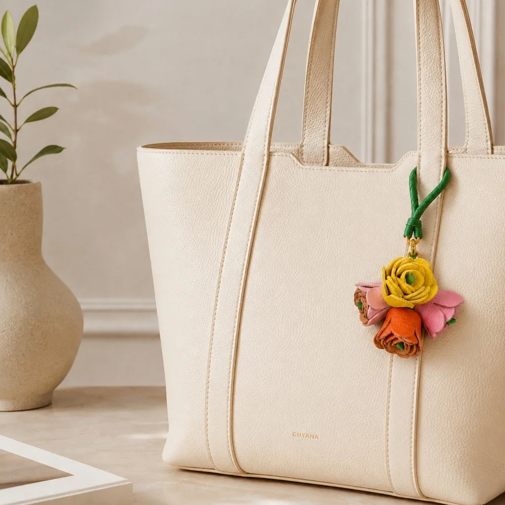 Dije floral con borla de cuero genuino tejido a mano para bolso: un accesorio de regalo versátil