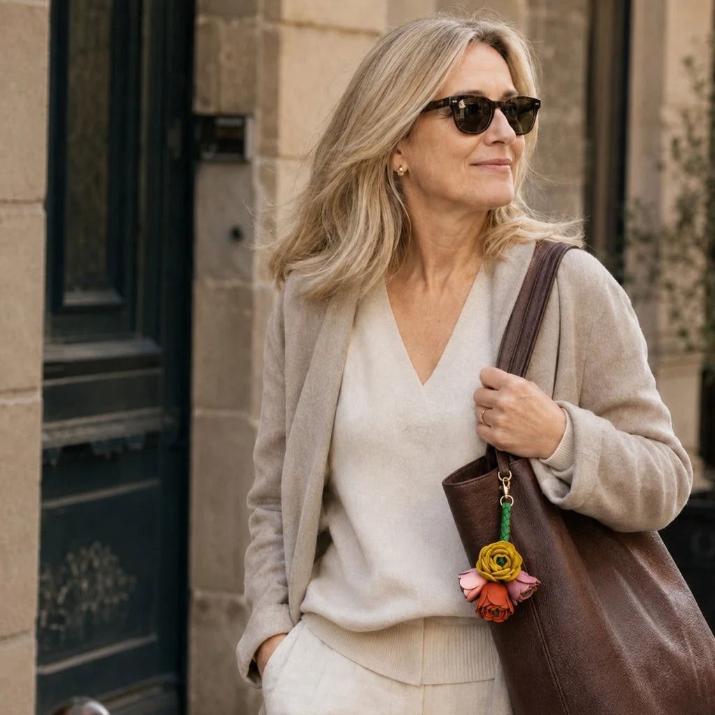 Dije floral con borla de cuero genuino tejido a mano para bolso: un accesorio de regalo versátil
