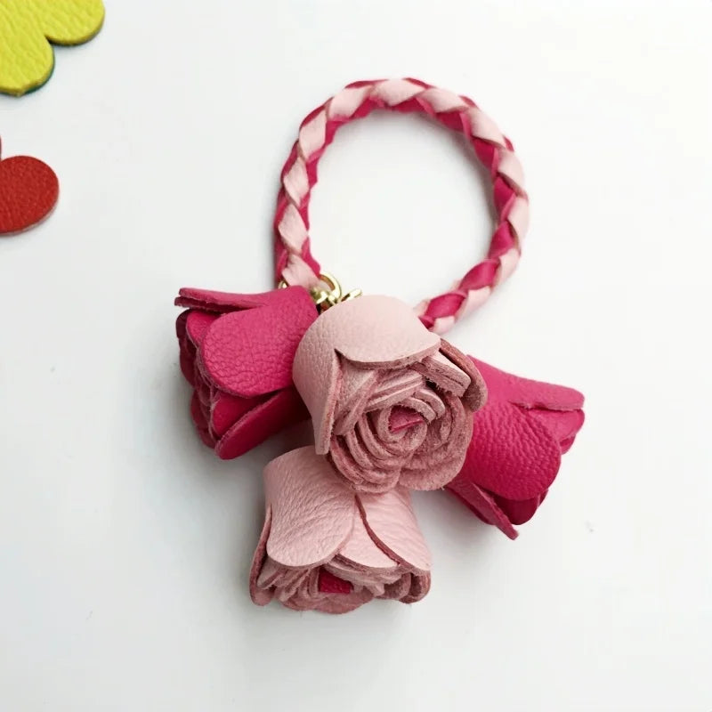 Handwoven DIY Genuine Leather Tassel Floral Bag Charm – Versatile Gift Accessory