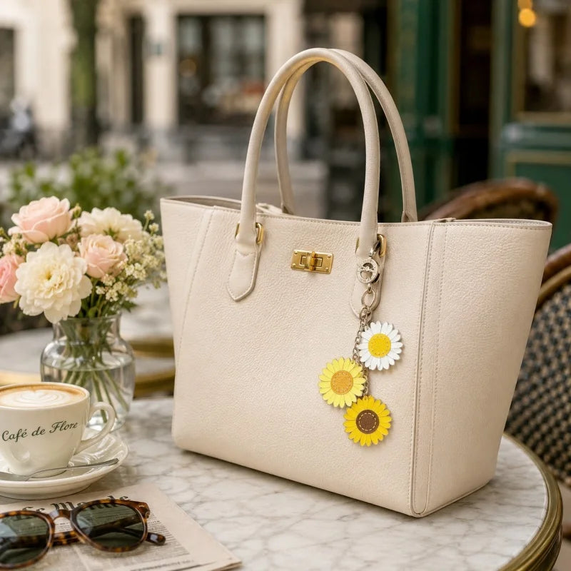 Handmade Leather Daisy Sunflower Bag Charm – Triple Floral Keychain & Handbag Pendant | White, Yellow & Brown Leather Flowers | Elegant Women’s Gift Accessory
