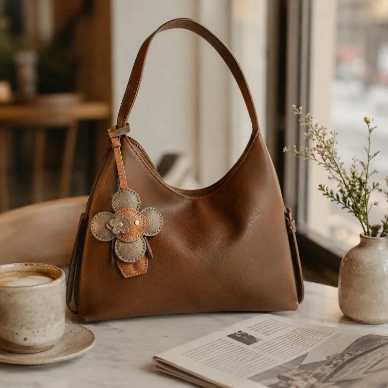 Handmade Sunflower Doll Leather Bag Charm – Full-Grain Leather Handbag Pendant & Keychain | Cute Floral Accessory for Women’s Tote, Purse & Keys | Artisan Crafted