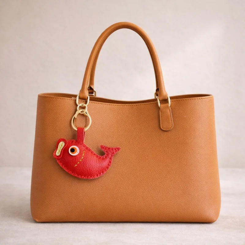 Lucky Koi Fish Leather Bag Charm – Handmade Red Leather Keychain | Symbol of Good Fortune Purse Charm | Handcrafted Handbag Accessory Gift for Her