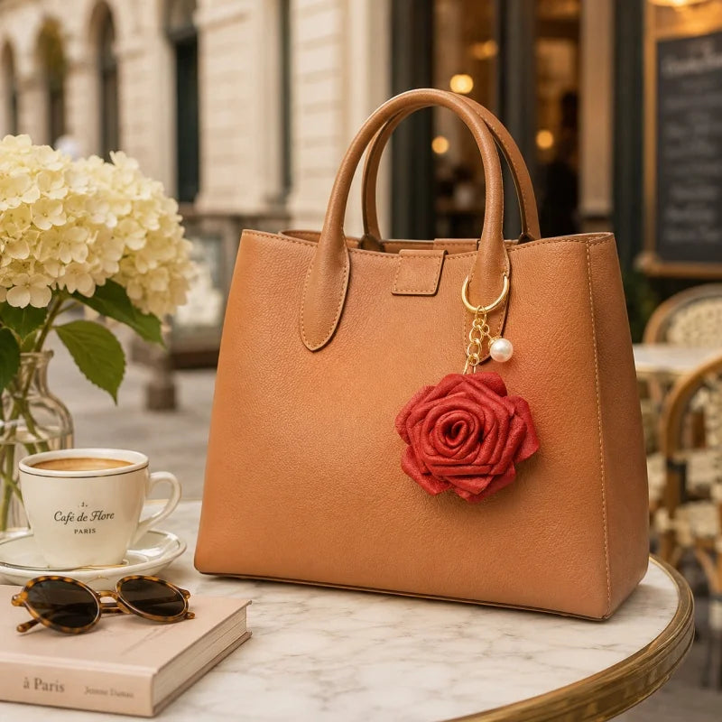 Colgante de Rosa de Cuero Artesanal para Bolso – Dije de Flor 3D para Cartera | Elegante Accesorio Hecho a Mano para Bolso con Acento de Perla