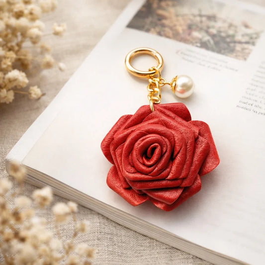 Handcrafted Leather Rose Bag Charm – 3D Flower Purse Pendant | Elegant Handmade Handbag Accessory with Pearl Accent | Romantic Floral Keychain Gift for Her