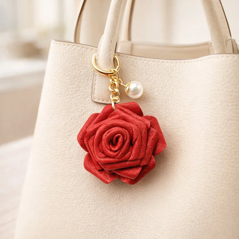 Handcrafted Leather Rose Bag Charm – 3D Flower Purse Pendant | Elegant Handmade Handbag Accessory with Pearl Accent | Romantic Floral Keychain Gift for Her