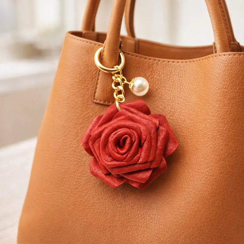 Handcrafted Leather Rose Bag Charm – 3D Flower Purse Pendant | Elegant Handmade Handbag Accessory with Pearl Accent | Romantic Floral Keychain Gift for Her