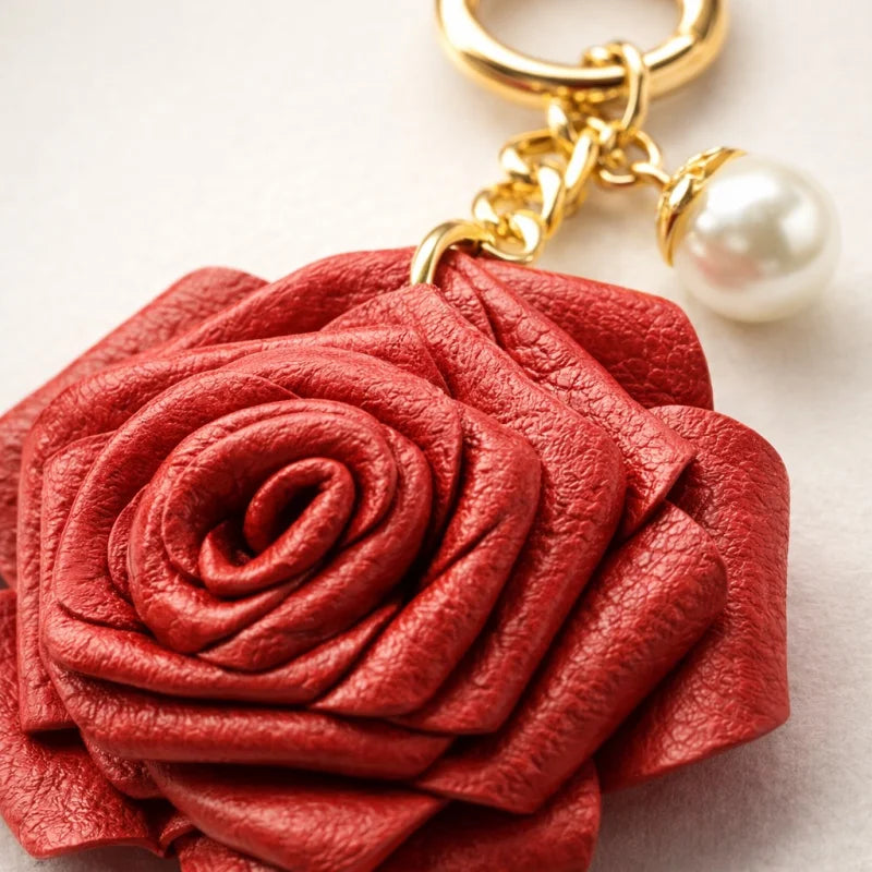 Handcrafted Leather Rose Bag Charm – 3D Flower Purse Pendant | Elegant Handmade Handbag Accessory with Pearl Accent | Romantic Floral Keychain Gift for Her