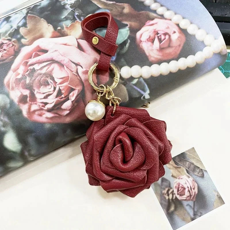 Handcrafted Leather Rose Bag Charm – 3D Flower Purse Pendant | Elegant Handmade Handbag Accessory with Pearl Accent | Romantic Floral Keychain Gift for Her