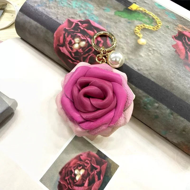 Handcrafted Leather Rose Bag Charm – 3D Flower Purse Pendant | Elegant Handmade Handbag Accessory with Pearl Accent | Romantic Floral Keychain Gift for Her