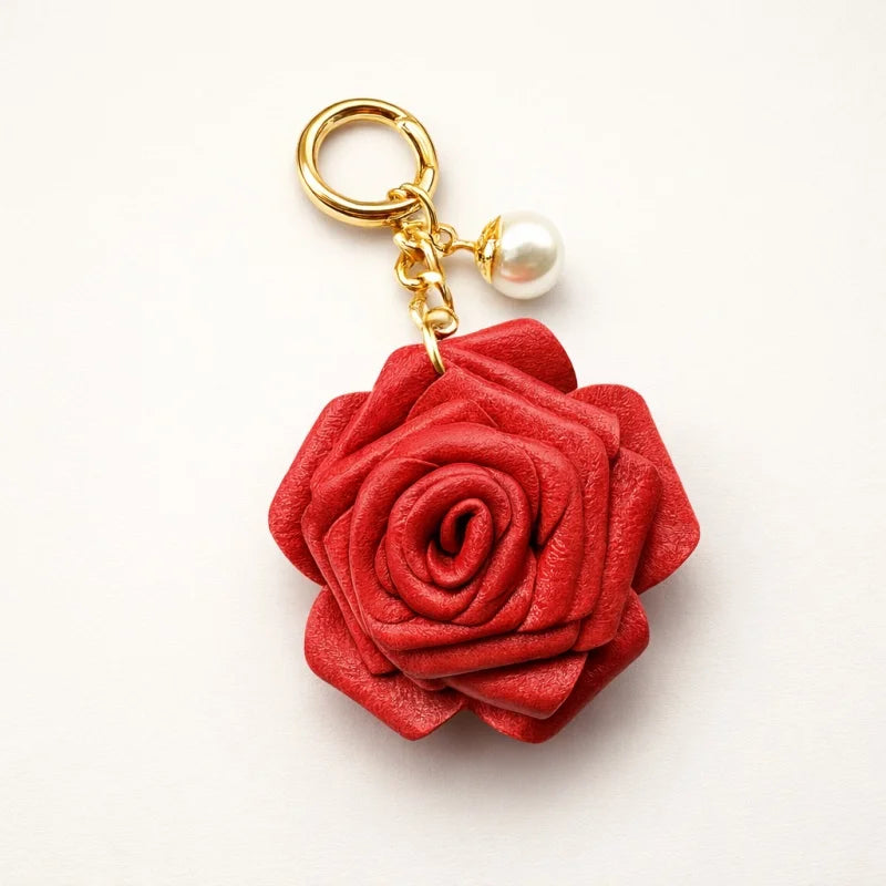 Handcrafted Leather Rose Bag Charm – 3D Flower Purse Pendant | Elegant Handmade Handbag Accessory with Pearl Accent | Romantic Floral Keychain Gift for Her