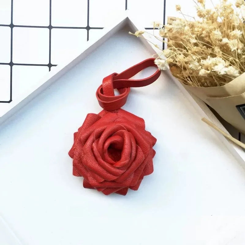 Handcrafted Leather Rose Bag Charm – 3D Flower Purse Pendant | Elegant Handmade Handbag Accessory with Pearl Accent | Romantic Floral Keychain Gift for Her