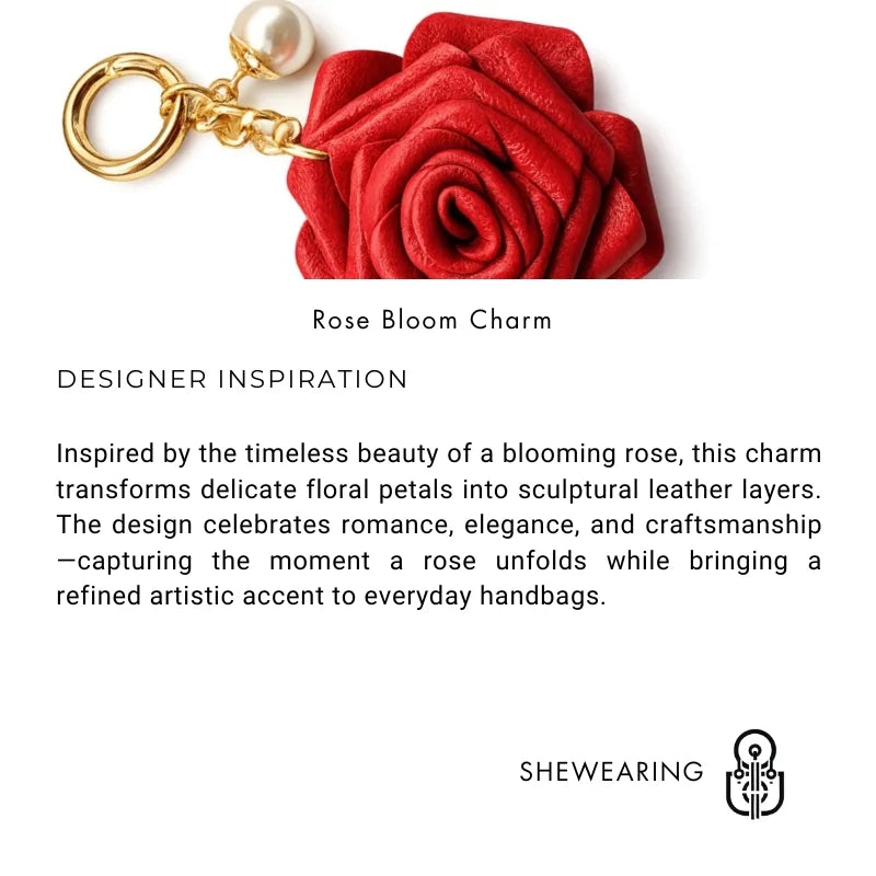 Handcrafted Leather Rose Bag Charm – 3D Flower Purse Pendant | Elegant Handmade Handbag Accessory with Pearl Accent | Romantic Floral Keychain Gift for Her