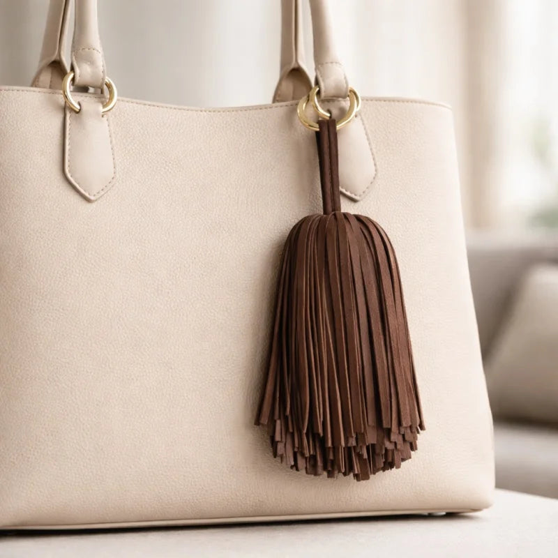 Colgante de Borla para Bolso de Piel de Ante Artesanal – Accesorio Atrevido para Bolso con Flecos Completos | Llavero Colgante de Piel Genuina Suave | Regalo Elegante y Minimalista de Decoración para Bolsos para Ella