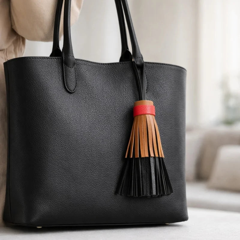 Multicolor Layered Leather Tassel Bag Charm – Handcrafted Lambskin Fringe Pendant | Color-Block Designer Handbag Accessory | Elegant Statement Keychain Gift for Her