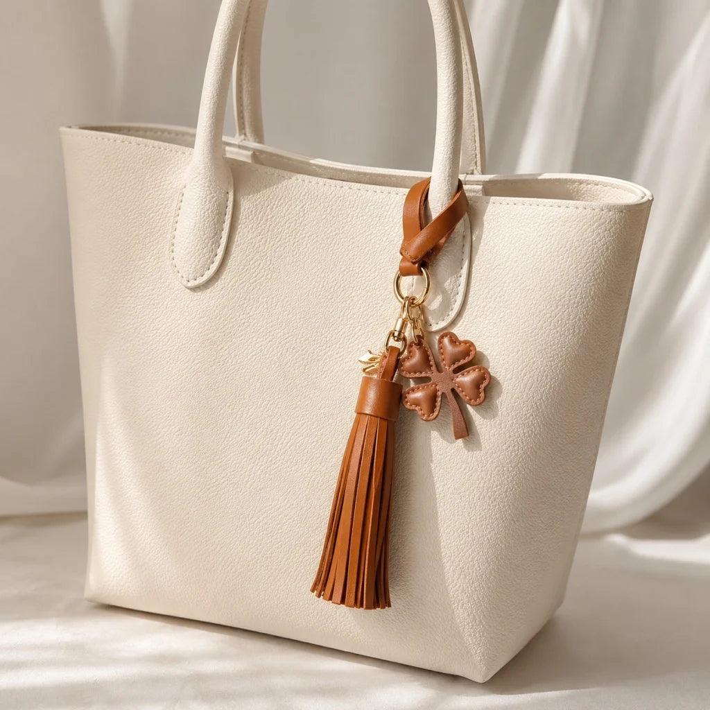 Amuleto de bolsa con borla de cuero Trébol de la suerte – Llavero de cuero plena flor hecho a mano | Elegante colgante de bolso marrón | Regalo simbólico para ella