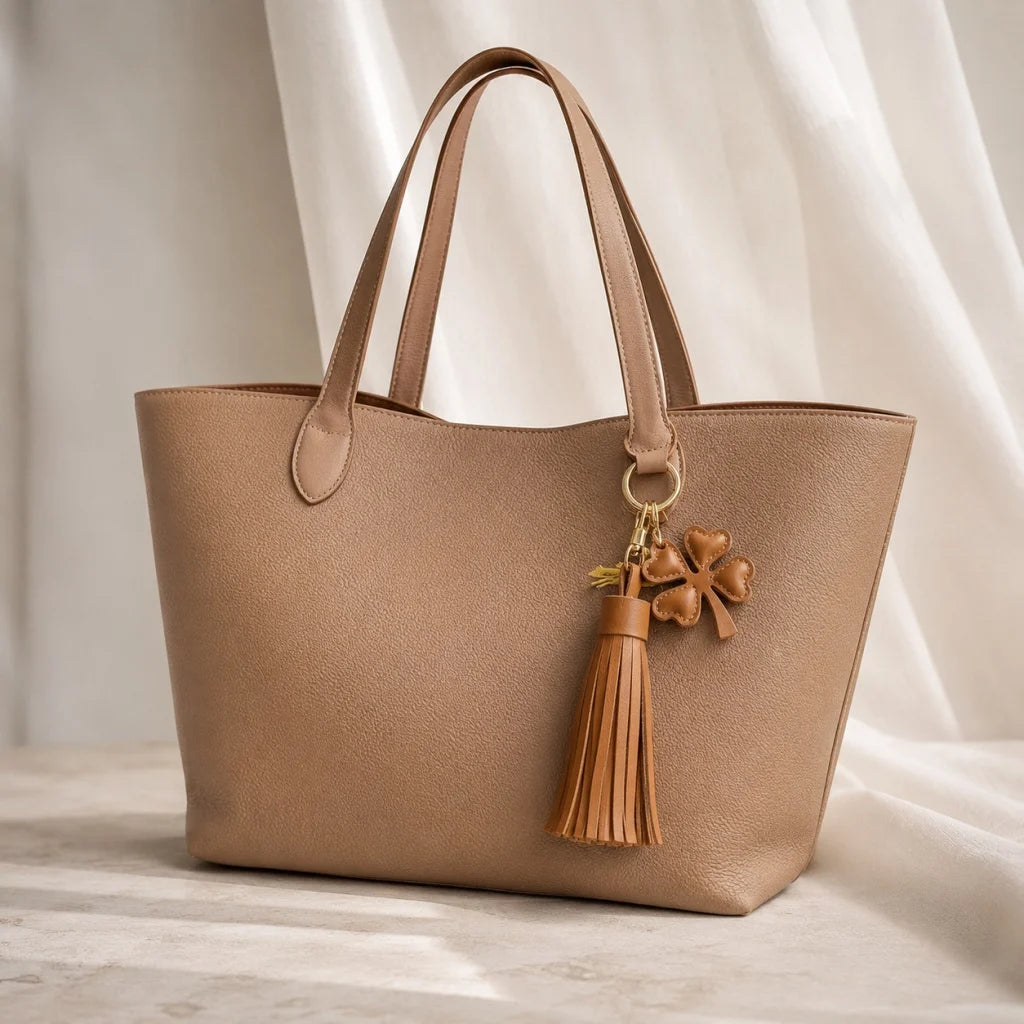 Amuleto de bolsa con borla de cuero Trébol de la suerte – Llavero de cuero plena flor hecho a mano | Elegante colgante de bolso marrón | Regalo simbólico para ella