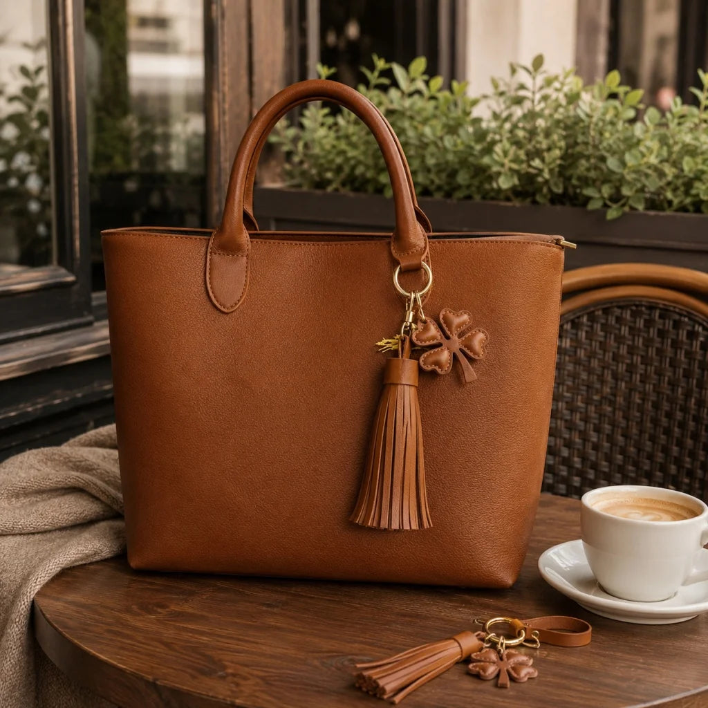 Amuleto de bolsa con borla de cuero Trébol de la suerte – Llavero de cuero plena flor hecho a mano | Elegante colgante de bolso marrón | Regalo simbólico para ella