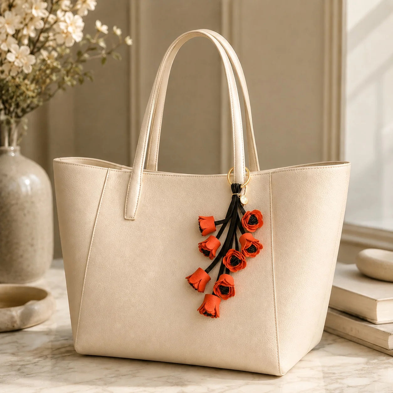Unique Handcrafted Genuine Leather Floral Bouquet Bag Charm – Flower Cluster Purse Accessory, Gift for Her
