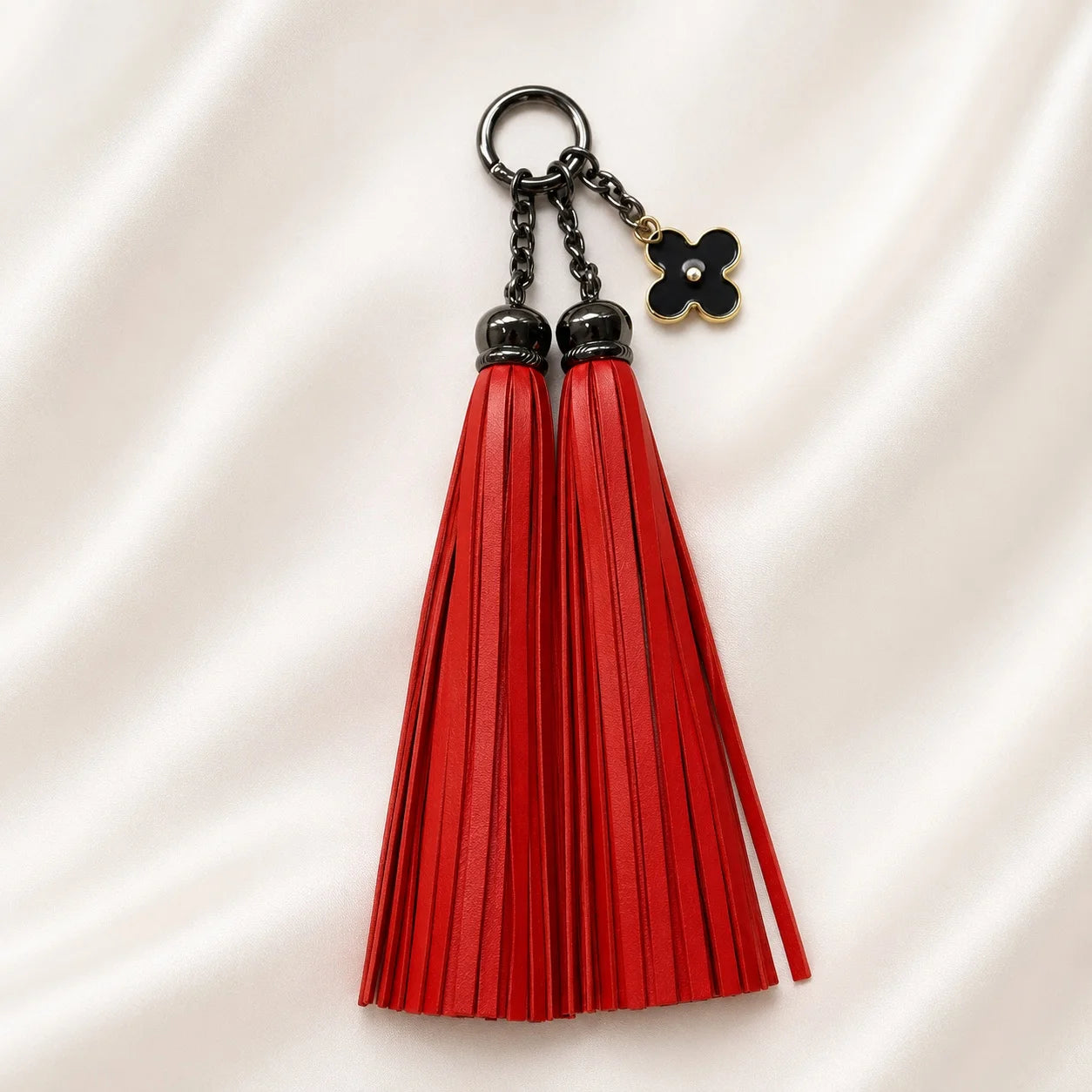 Unique Handcrafted Genuine Sheepskin Leather Double Tassel Bag Charm – Long Red Fringe Purse Accessory, Gift for Her