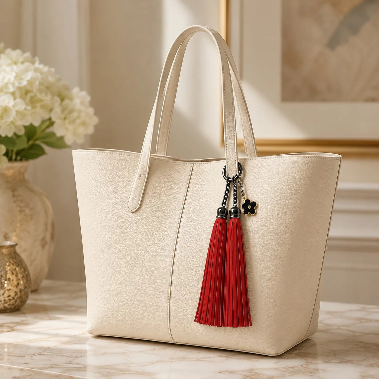 Unique Handcrafted Genuine Sheepskin Leather Double Tassel Bag Charm – Long Red Fringe Purse Accessory, Gift for Her