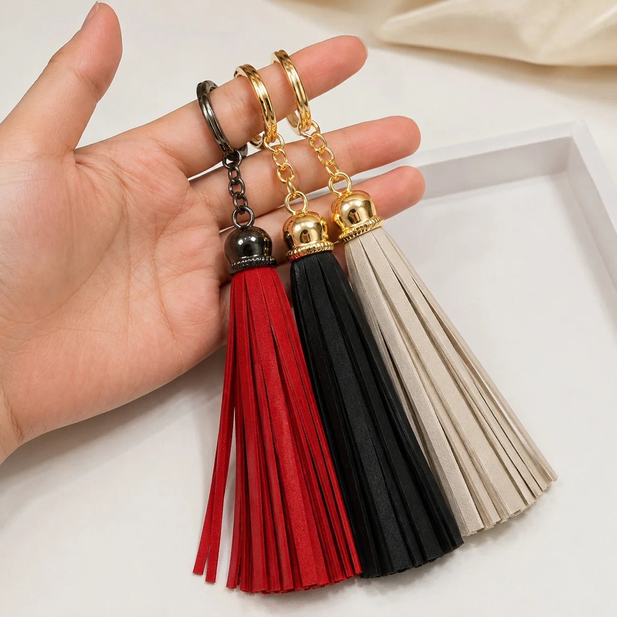 Unique Handcrafted Genuine Sheepskin Leather Double Tassel Bag Charm – Long Red Fringe Purse Accessory, Gift for Her
