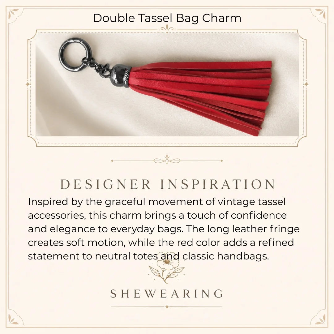 Unique Handcrafted Genuine Sheepskin Leather Double Tassel Bag Charm – Long Red Fringe Purse Accessory, Gift for Her