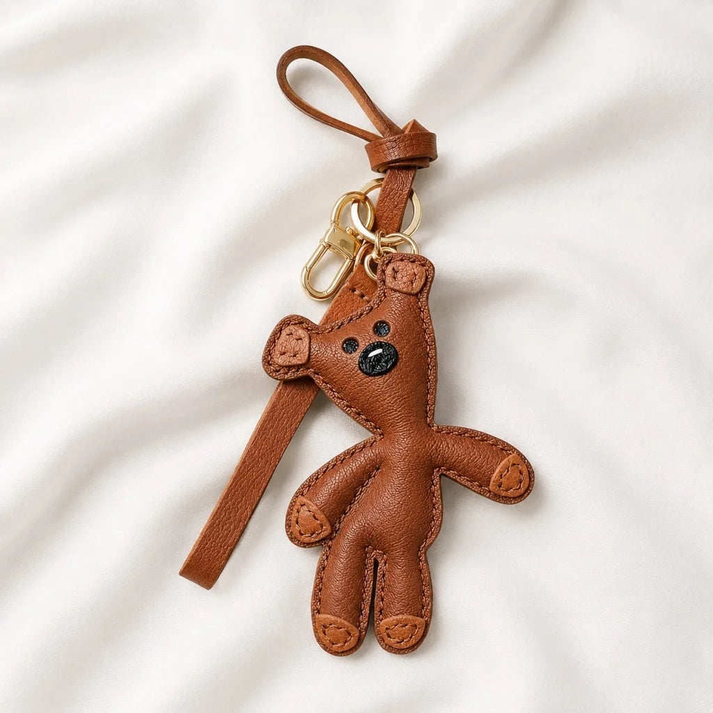 Hand-Stitched Leather Bear Bag Charm – Adorable Vintage Keychain Gift for Her