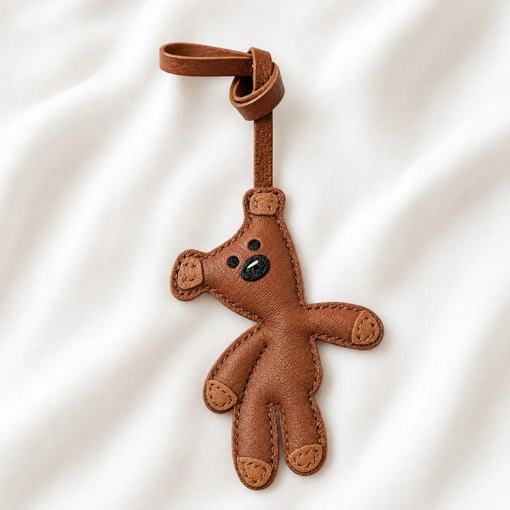 Hand-Stitched Leather Bear Bag Charm – Adorable Vintage Keychain Gift for Her