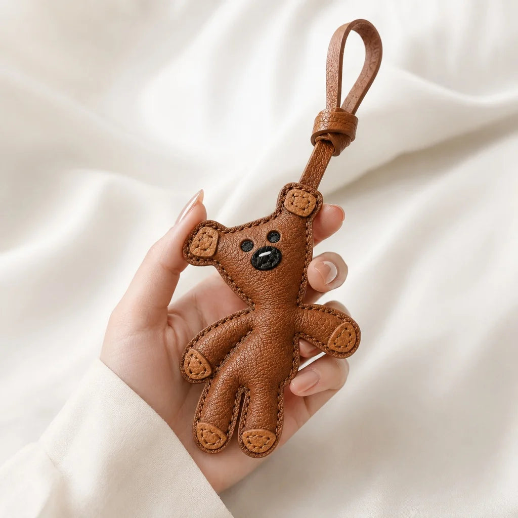 Hand-Stitched Leather Bear Bag Charm – Adorable Vintage Keychain Gift for Her