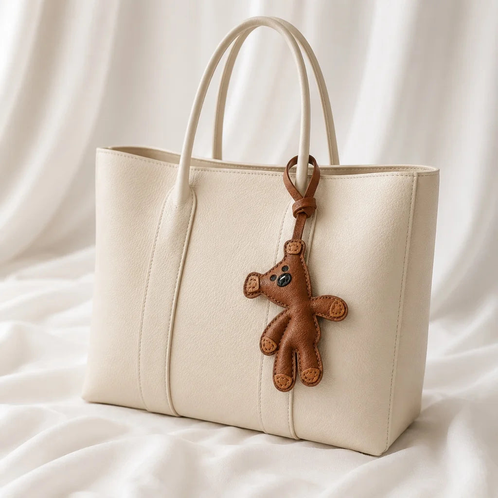 Hand-Stitched Leather Bear Bag Charm – Adorable Vintage Keychain Gift for Her