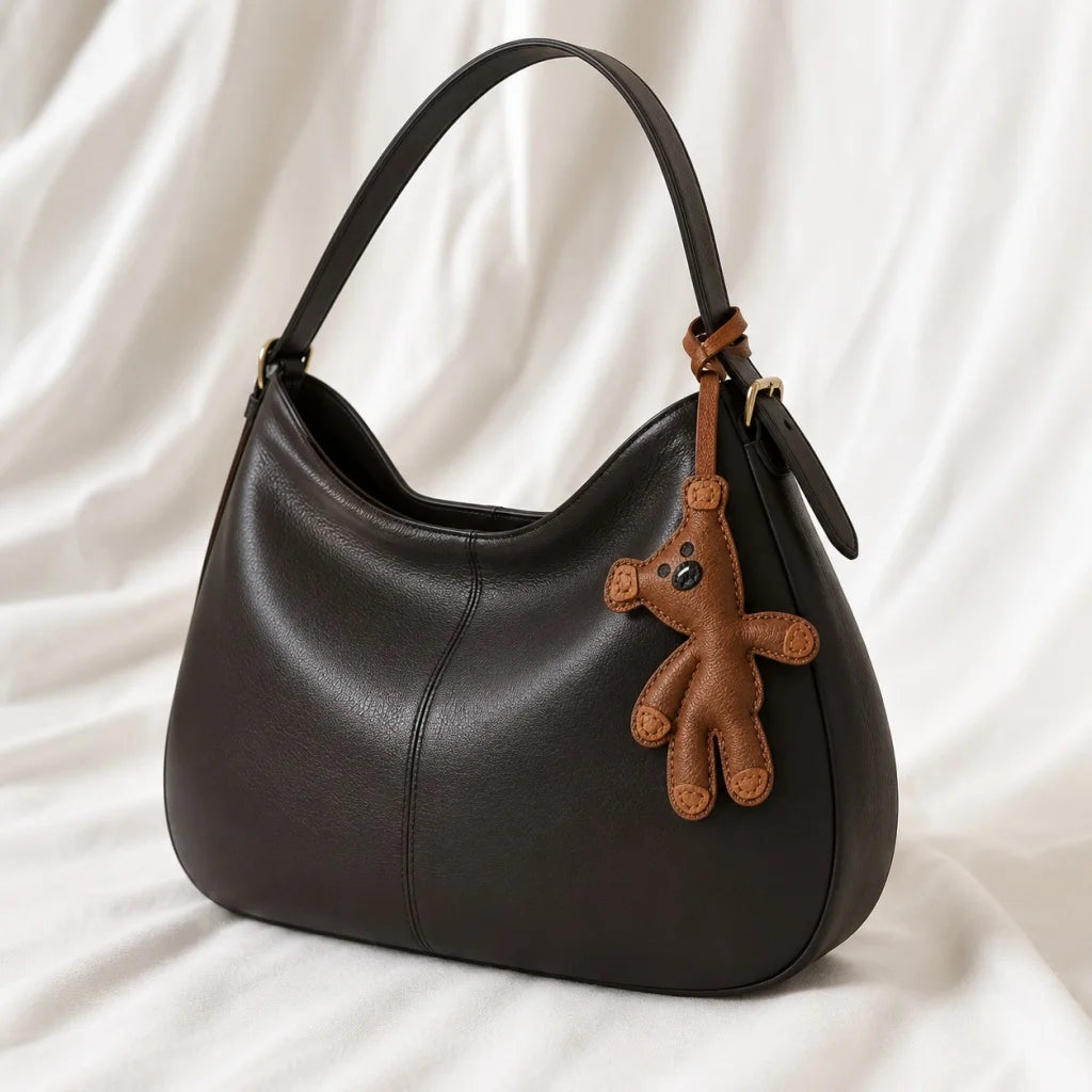 Hand-Stitched Leather Bear Bag Charm – Adorable Vintage Keychain Gift for Her
