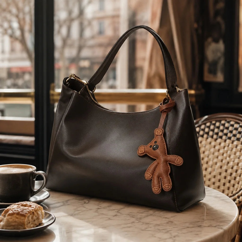 Hand-Stitched Leather Bear Bag Charm – Adorable Vintage Keychain Gift for Her
