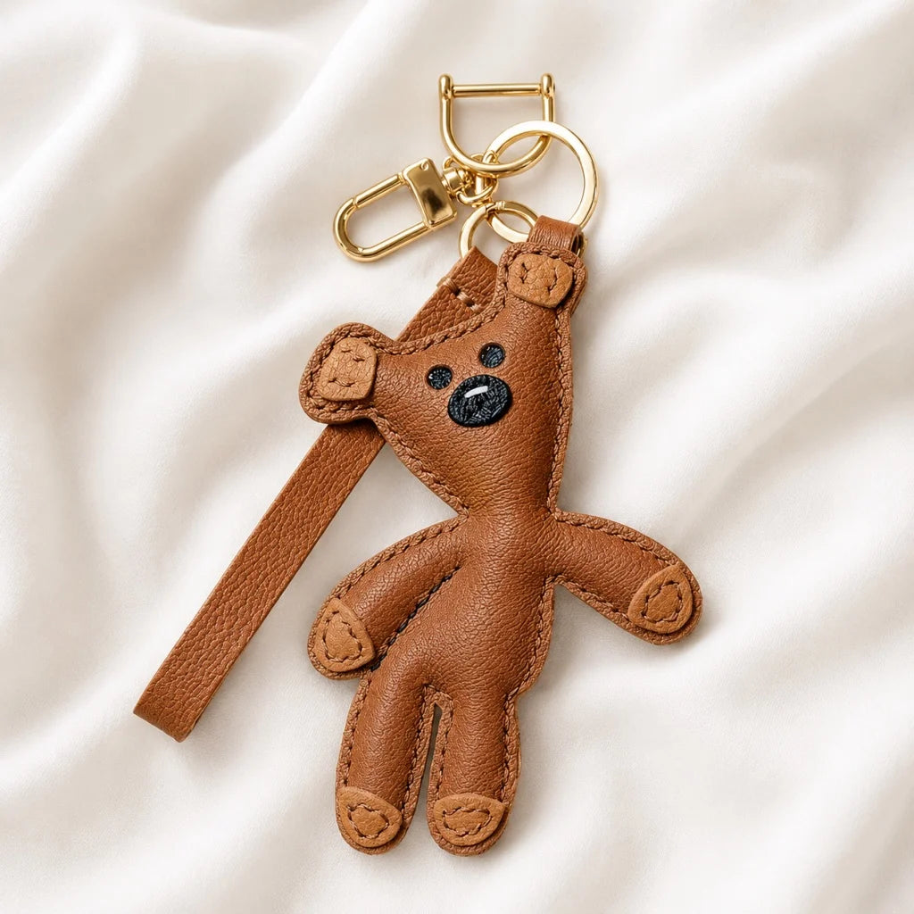 Hand-Stitched Leather Bear Bag Charm – Adorable Vintage Keychain Gift for Her