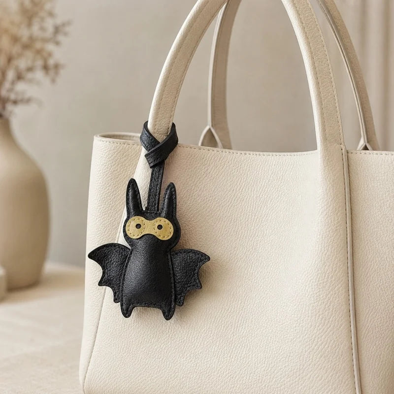 Handcrafted Black Leather Bat Charm – Playful Halloween-Inspired Keychain and Bag Accessory